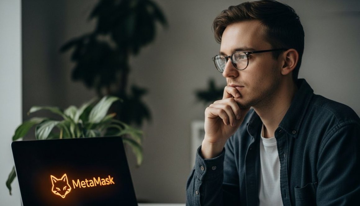 Person nutzt ein MetaMask Wallet auf einem Laptop, um sicher mit der dezentralen Finanzwelt zu interagieren.