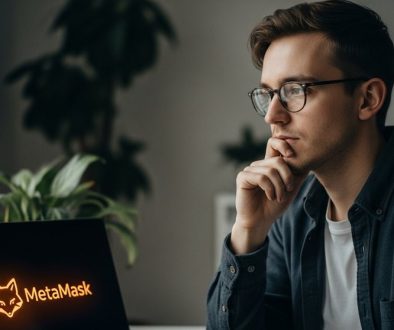 Person nutzt ein MetaMask Wallet auf einem Laptop, um sicher mit der dezentralen Finanzwelt zu interagieren.