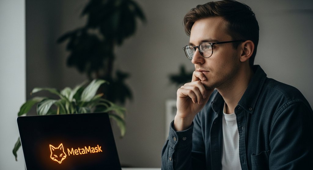 Person nutzt ein MetaMask Wallet auf einem Laptop, um sicher mit der dezentralen Finanzwelt zu interagieren.