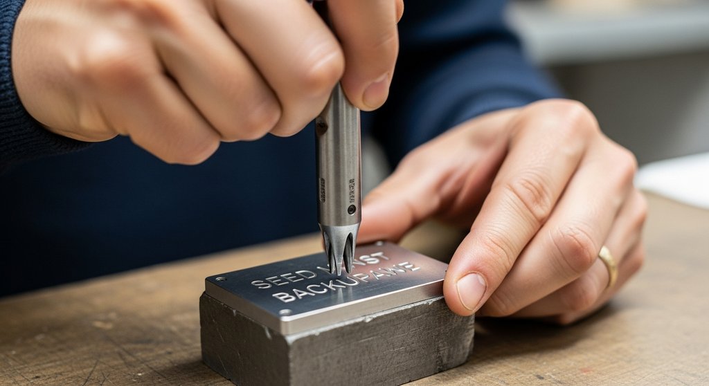 Person sichert eine Seed Phrase für eine Krypto Wallet durch Gravur auf einer Metallplatte.