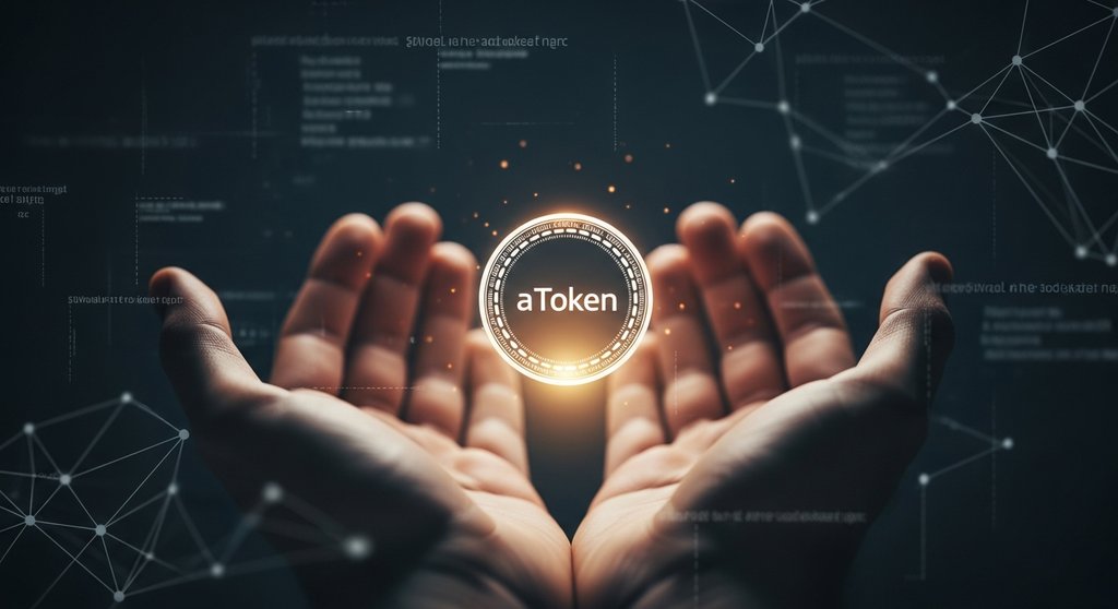 Symbolische Darstellung eines aTokens, der in Händen schwebt und Zinsen generiert.