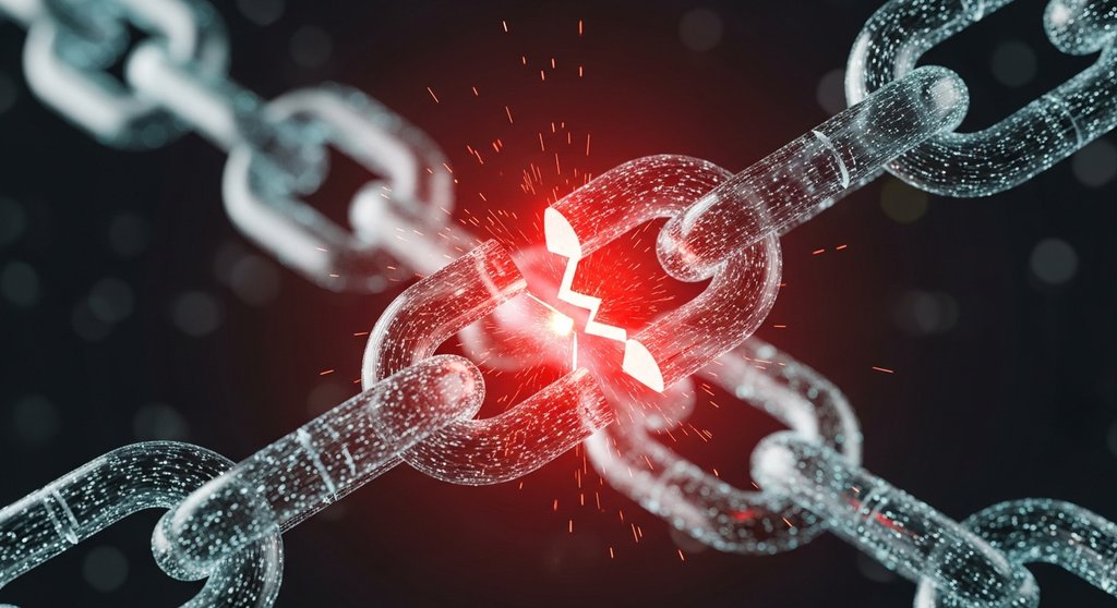 Symbolische Darstellung eines Fehlers in einem Smart Contract einer Blockchain.