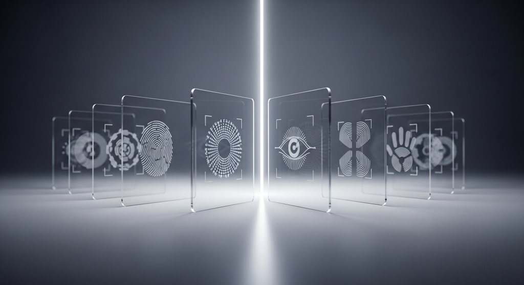 Symbolische Darstellung eines mehrstufigen und sicheren KYC-Verifizierungs-Prozesses.