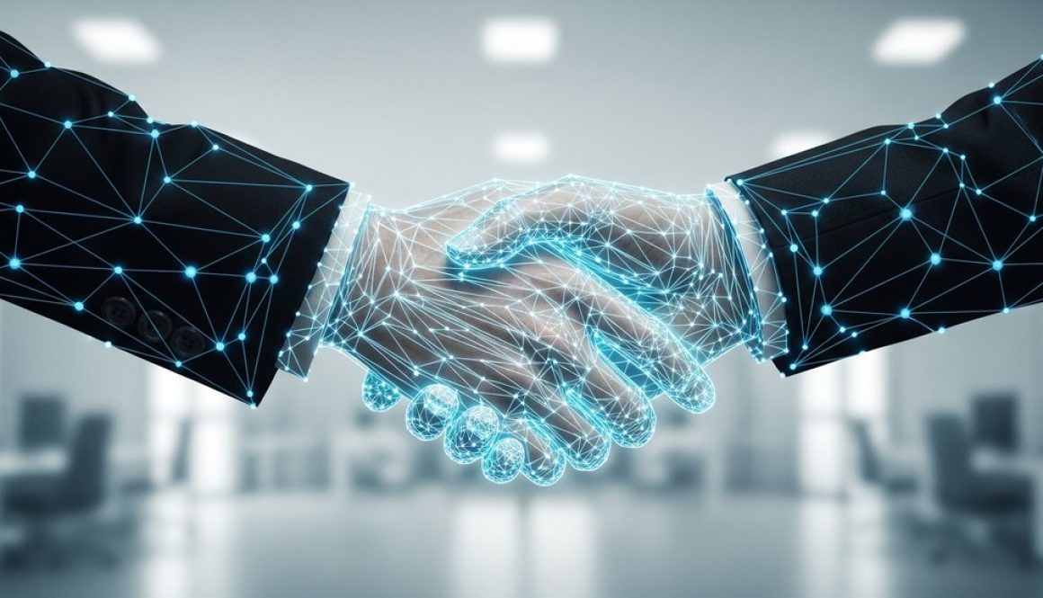 Symbolische Darstellung eines Smart Contracts durch einen digitalen Handschlag zwischen zwei Händen aus Code-Linien.