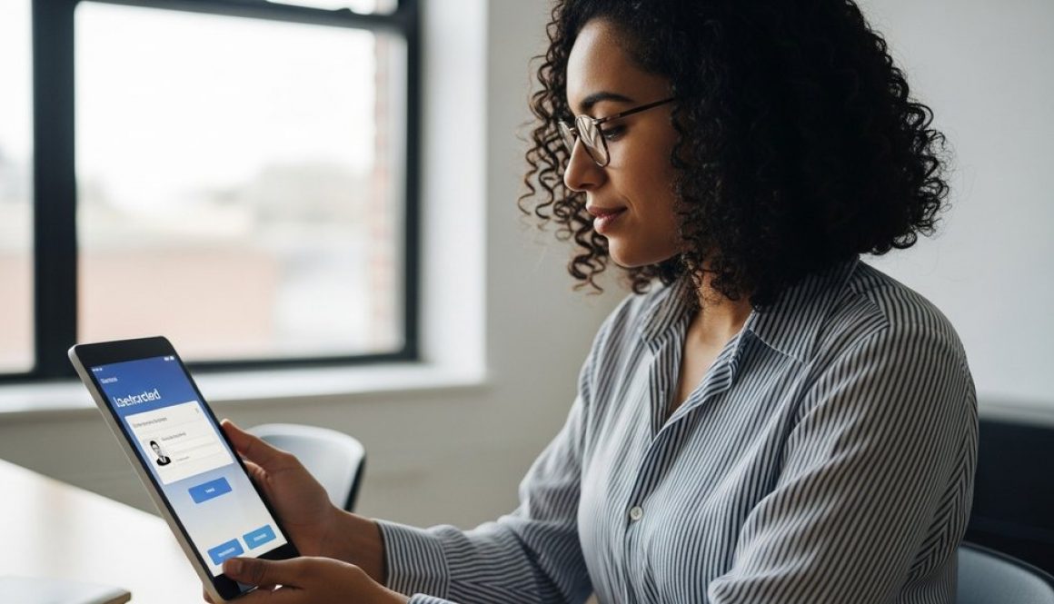 Unternehmer führt einen sicheren KYC-Prozess auf einem Tablet durch.