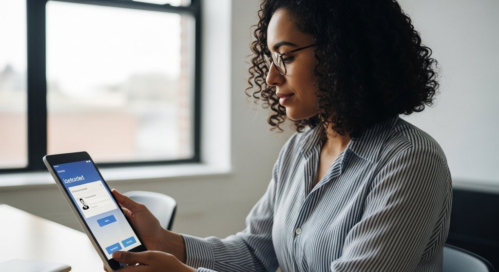 Unternehmer führt einen sicheren KYC-Prozess auf einem Tablet durch.