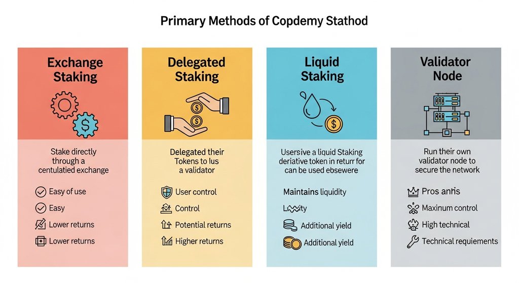 Vergleich der vier Hauptmethoden für Krypto Staking: Börsen-Staking, Delegated Staking, Liquid Staking und Validator-Node.