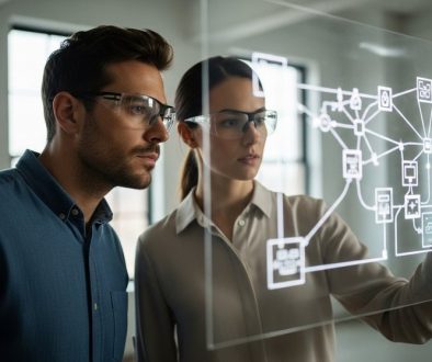 Zwei Experten analysieren komplexe Datenstrukturen im Rahmen der Geldwäscheprävention.