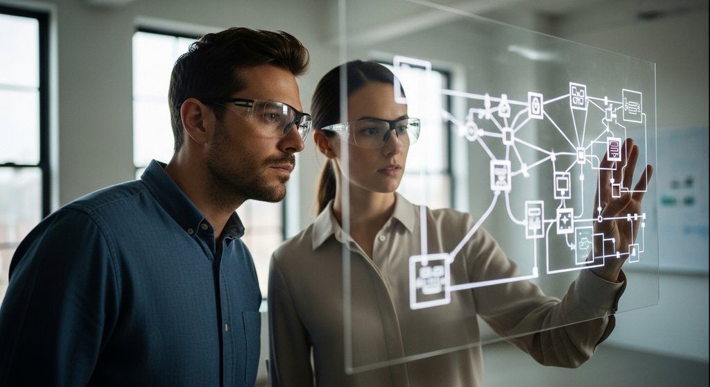 Zwei Experten analysieren komplexe Datenstrukturen im Rahmen der Geldwäscheprävention.