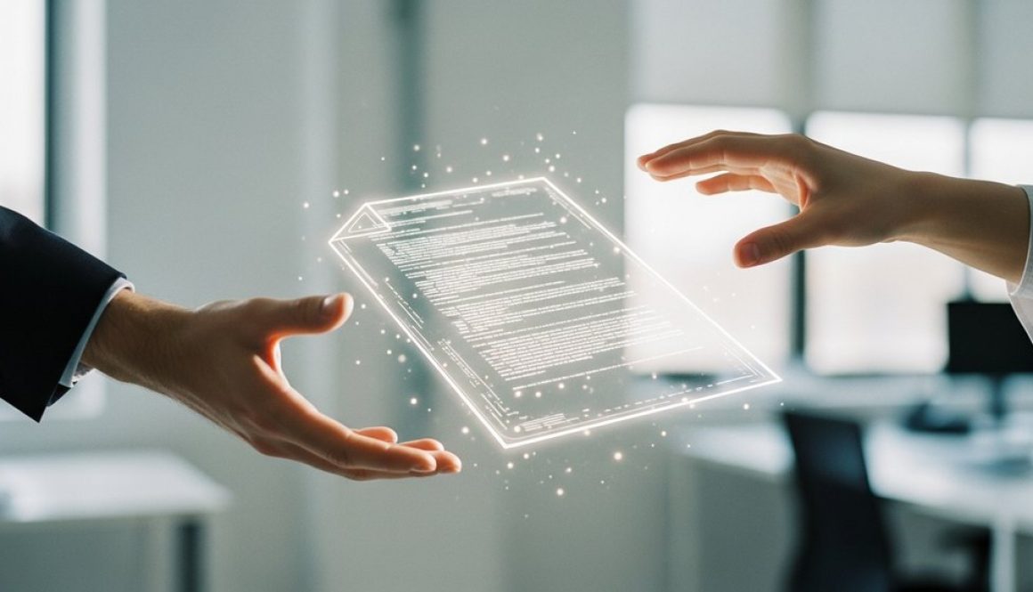 Zwei Hände vor einem digitalen Dokument, das einen Smart Contract symbolisiert.