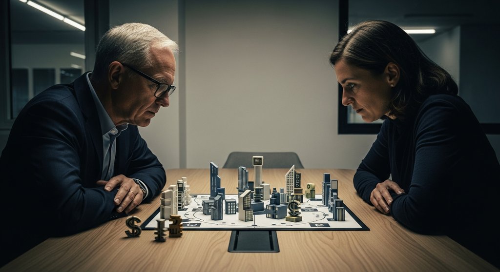 Zwei Personen spielen ein Strategiespiel, das den Unterschied zwischen Geldpolitik und Fiskalpolitik symbolisiert.