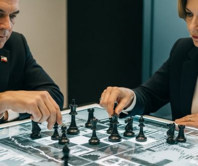 Zwei Personen spielen Schach auf einem Brett mit Wirtschaftsgrafiken, symbolisch für Geldpolitik vs. Fiskalpolitik.