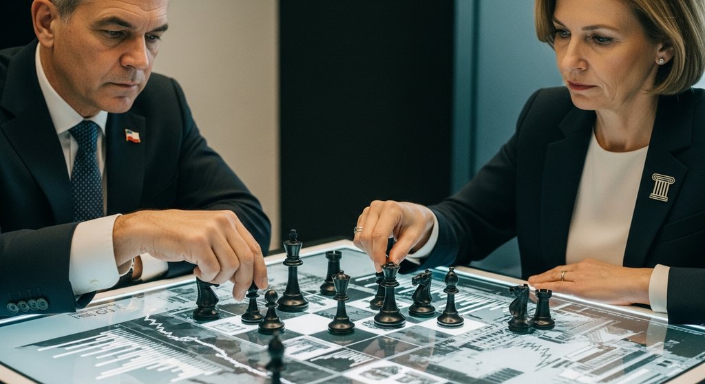 Zwei Personen spielen Schach auf einem Brett mit Wirtschaftsgrafiken, symbolisch für Geldpolitik vs. Fiskalpolitik.